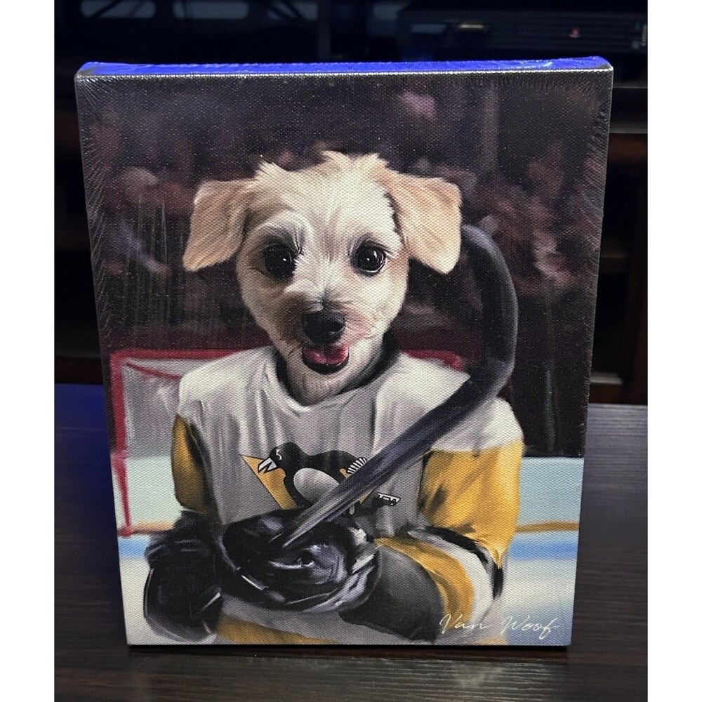 VanWoof Dog Hockey Player Canvas Art 10x8 Pittsburgh Hockey Pet Portrait Decor